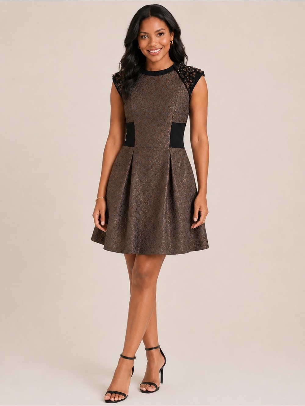 Karen Millen Metallic Jacquard Fit Flare Cocktail Dress Embellished US 6